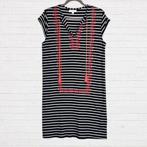 THML Navy Blue White Stripe Boho Stretch Knit Dress Coral Orange Embroidery M
